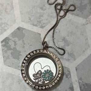 Silver Locket Necklace with Butterfly and Flower